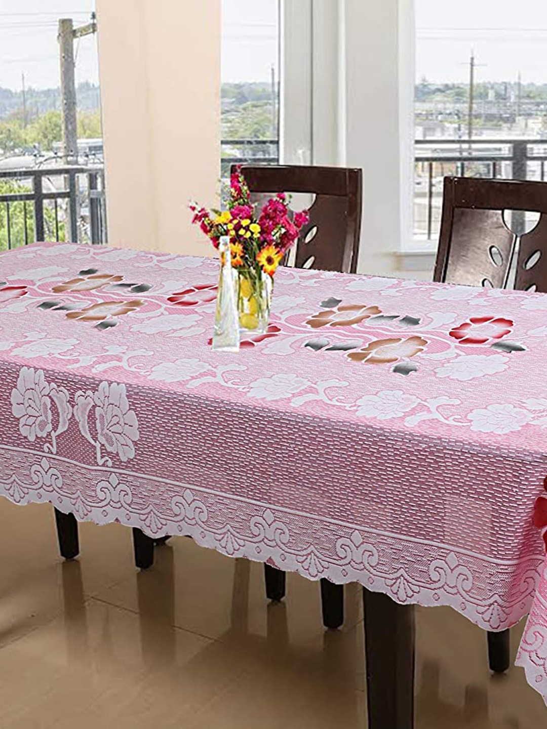 

Dakshya Industries Pink Floral Self-Design 6-Seater Rectangle Cotton Table Cover