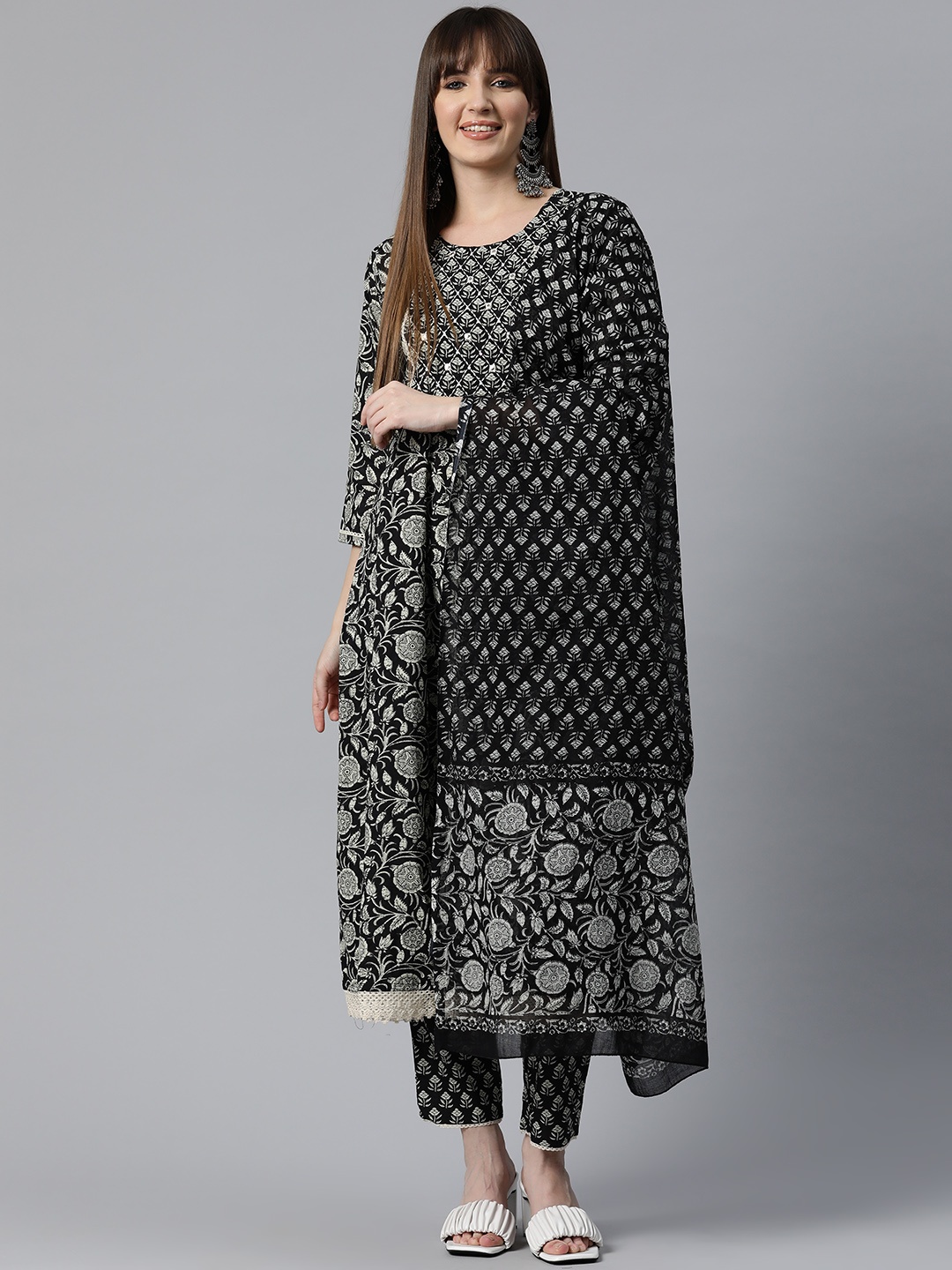 

Readiprint Floral Printed Mirror Work Cotton Kurta with Palazzos & Dupatta, Black