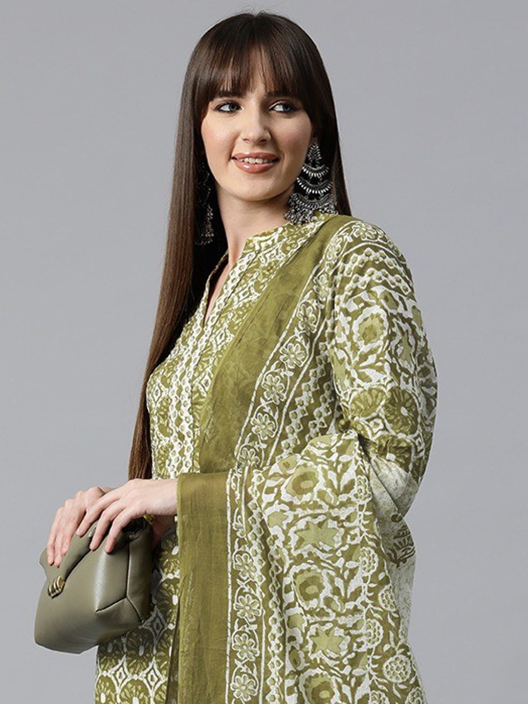 Readiprint Women Floral Printed Mirror Work Cotton Kurta with Palazzos & Dupatta, Green