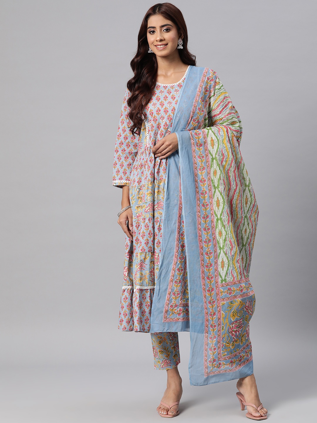 

Readiprint Women Blue Floral Printed Tiered Sequinned Pure Cotton Kurta with Palazzos & With Dupatta