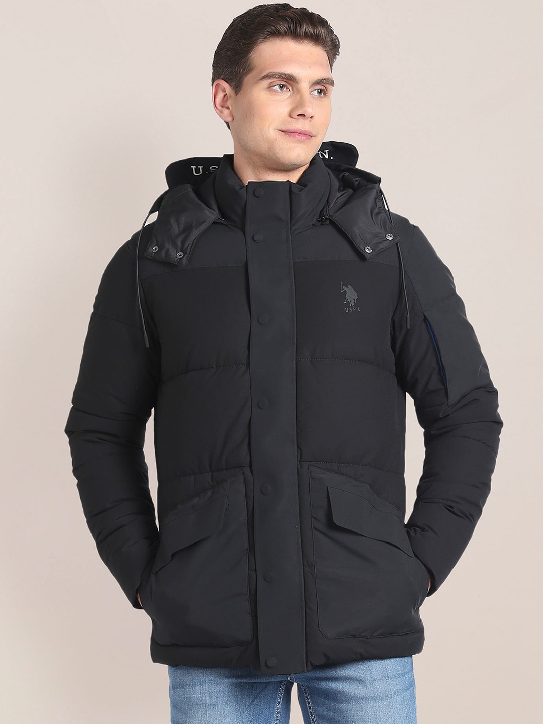 

U.S. Polo Assn. Detachable Hood Puffer Jacket, Black