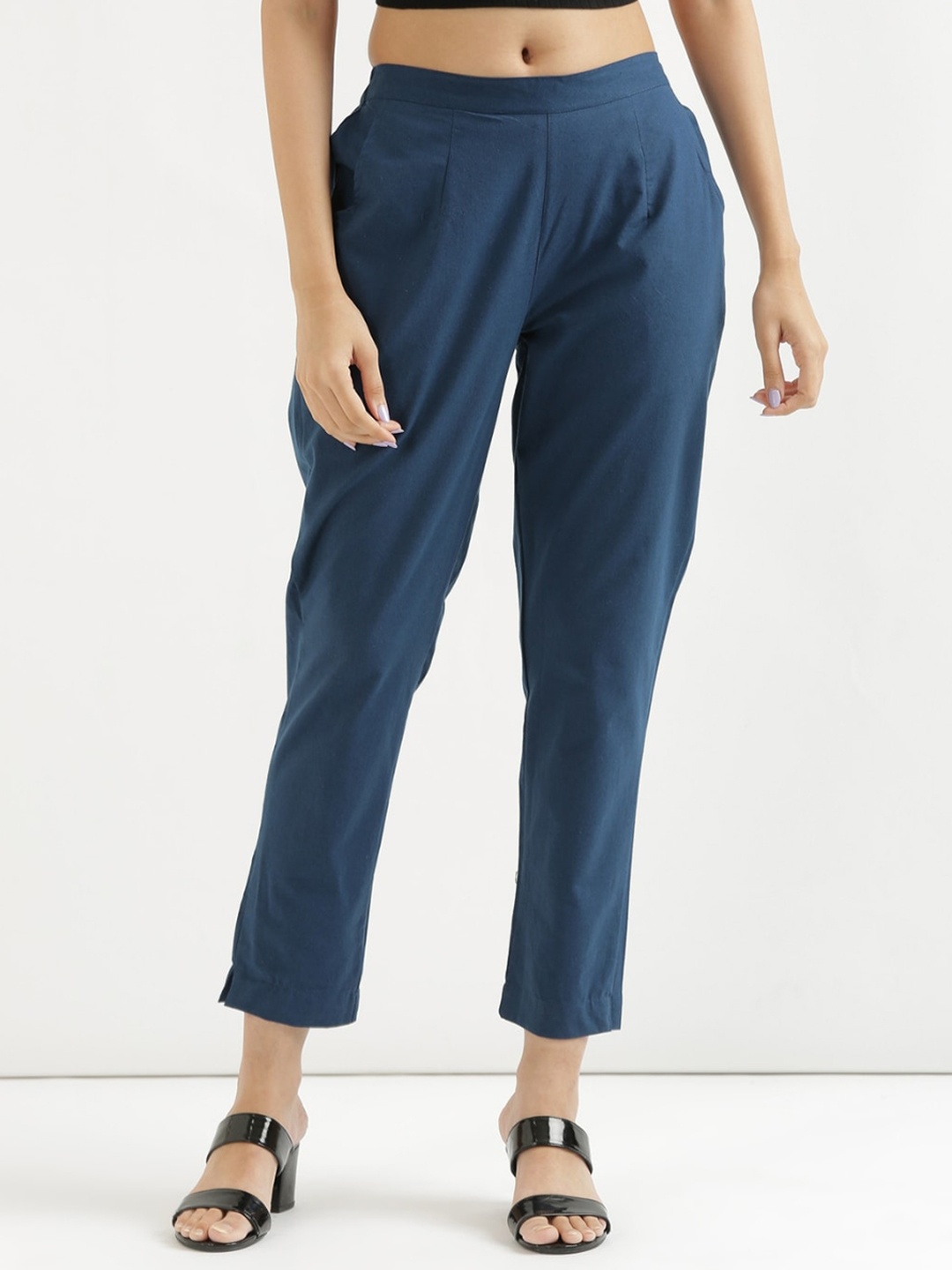 

SAADAA Women Mid-Rise Cotton Trousers, Blue