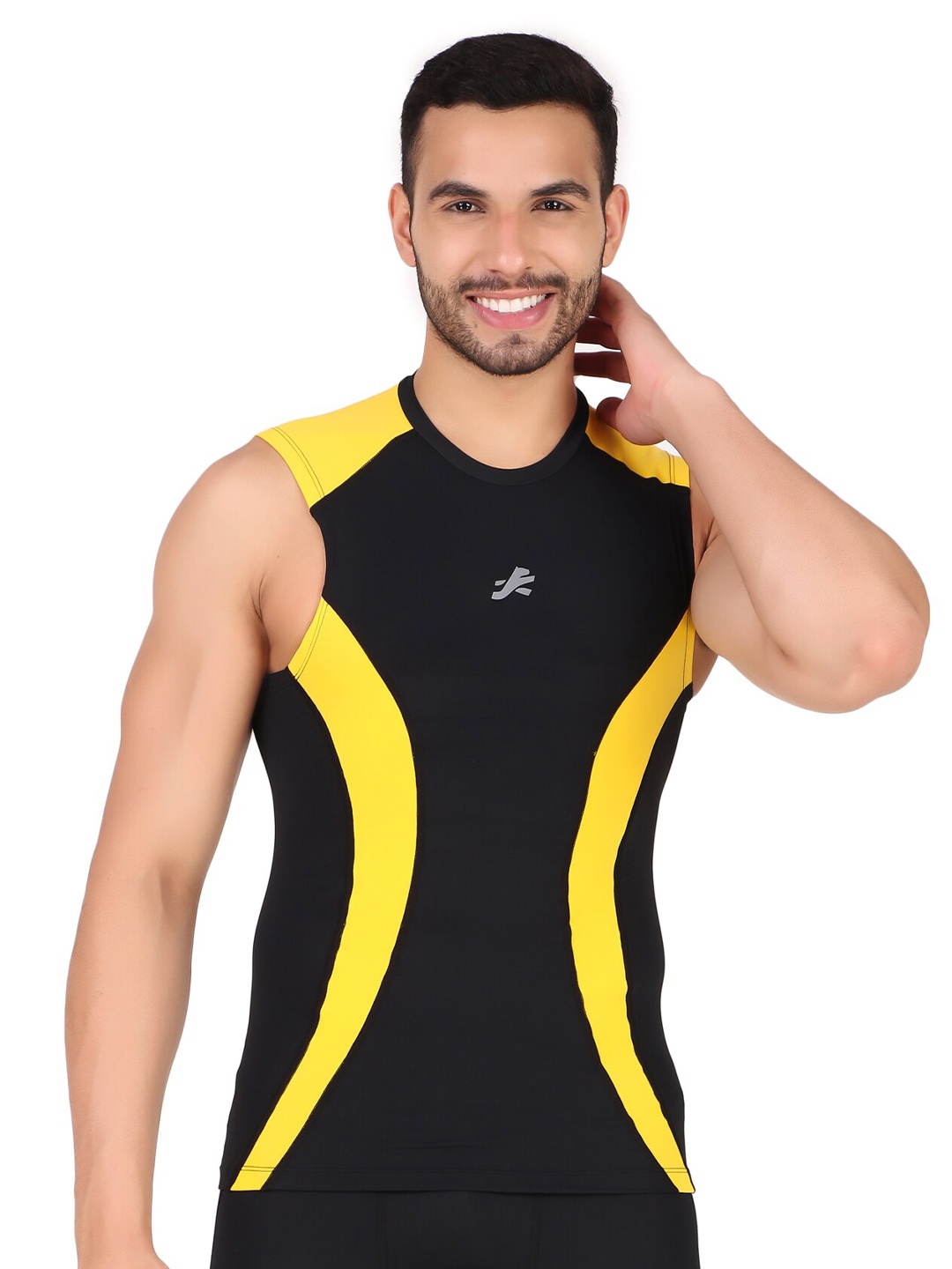 

REDESIGN Colourblocked Sleeveless Compression Dry Fit Nylon T-shirt, Black