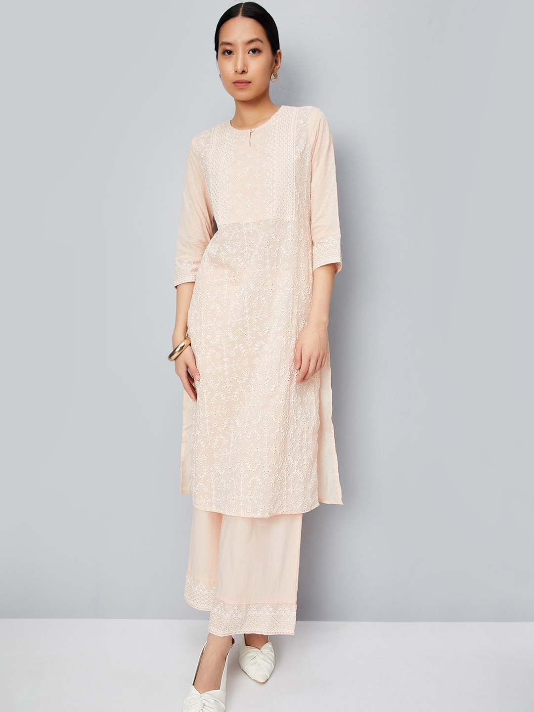 

max Floral Embroidered Keyhole Neck Straight Kurta Palazzos, Peach