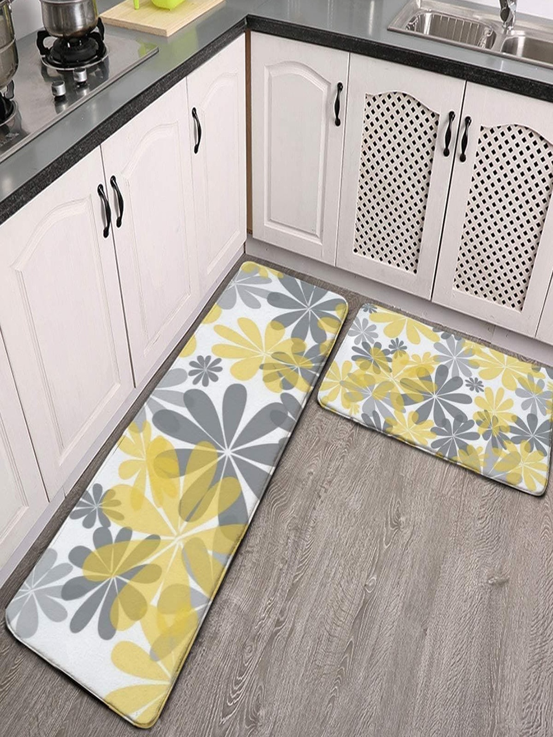 

HomeCloud 2-pcs Yellow & Grey Floral Printed Rubber Kitchen Floor Mat