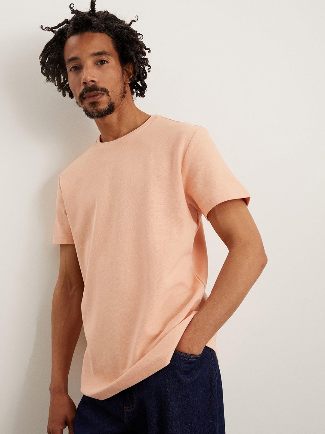 

Burton Men Pique Crew Neck Pure Cotton T-shirt, Peach