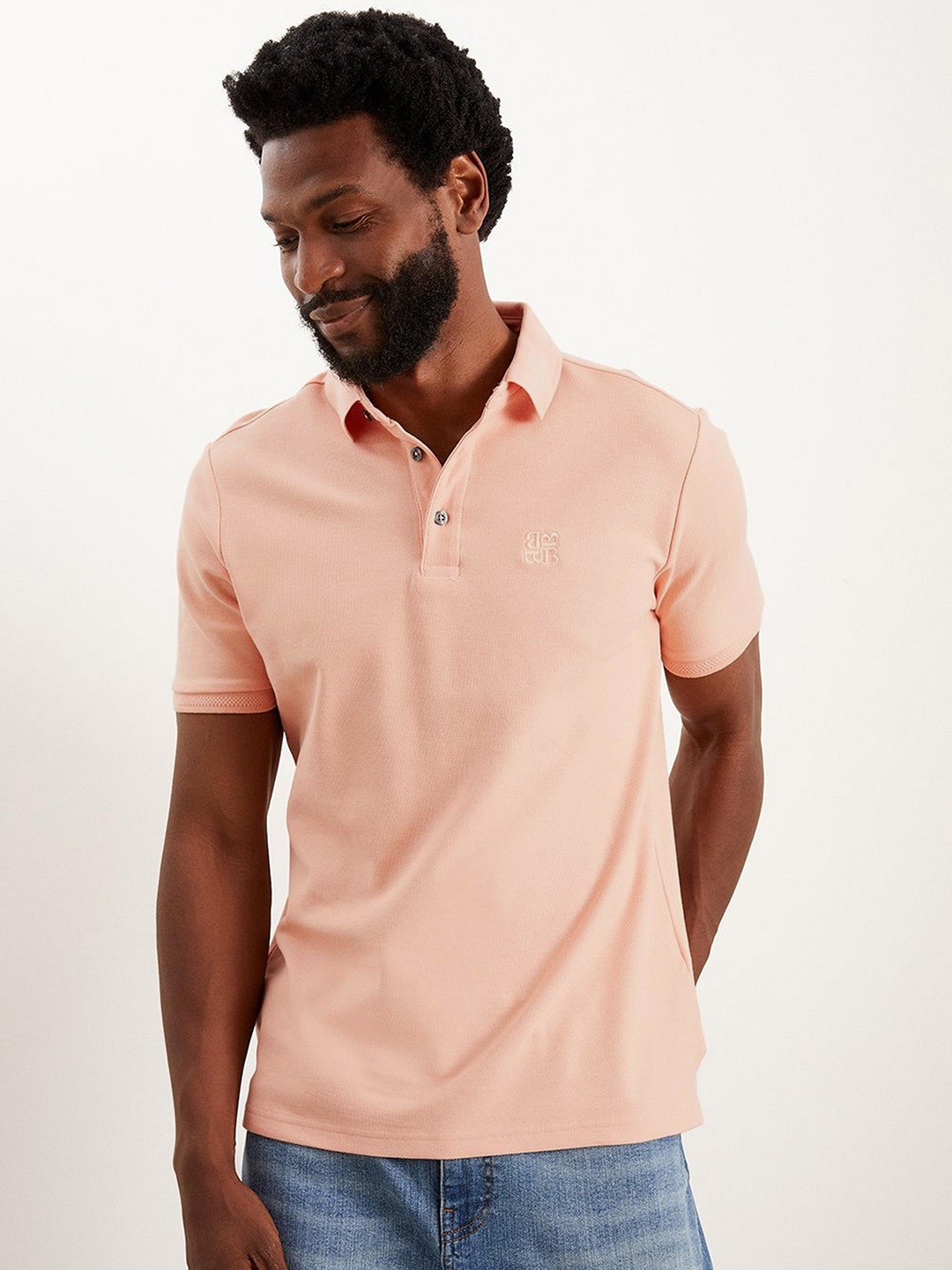 

Burton Men Embroidered Pique Polo Collar Pure Cotton T-shirt, Peach