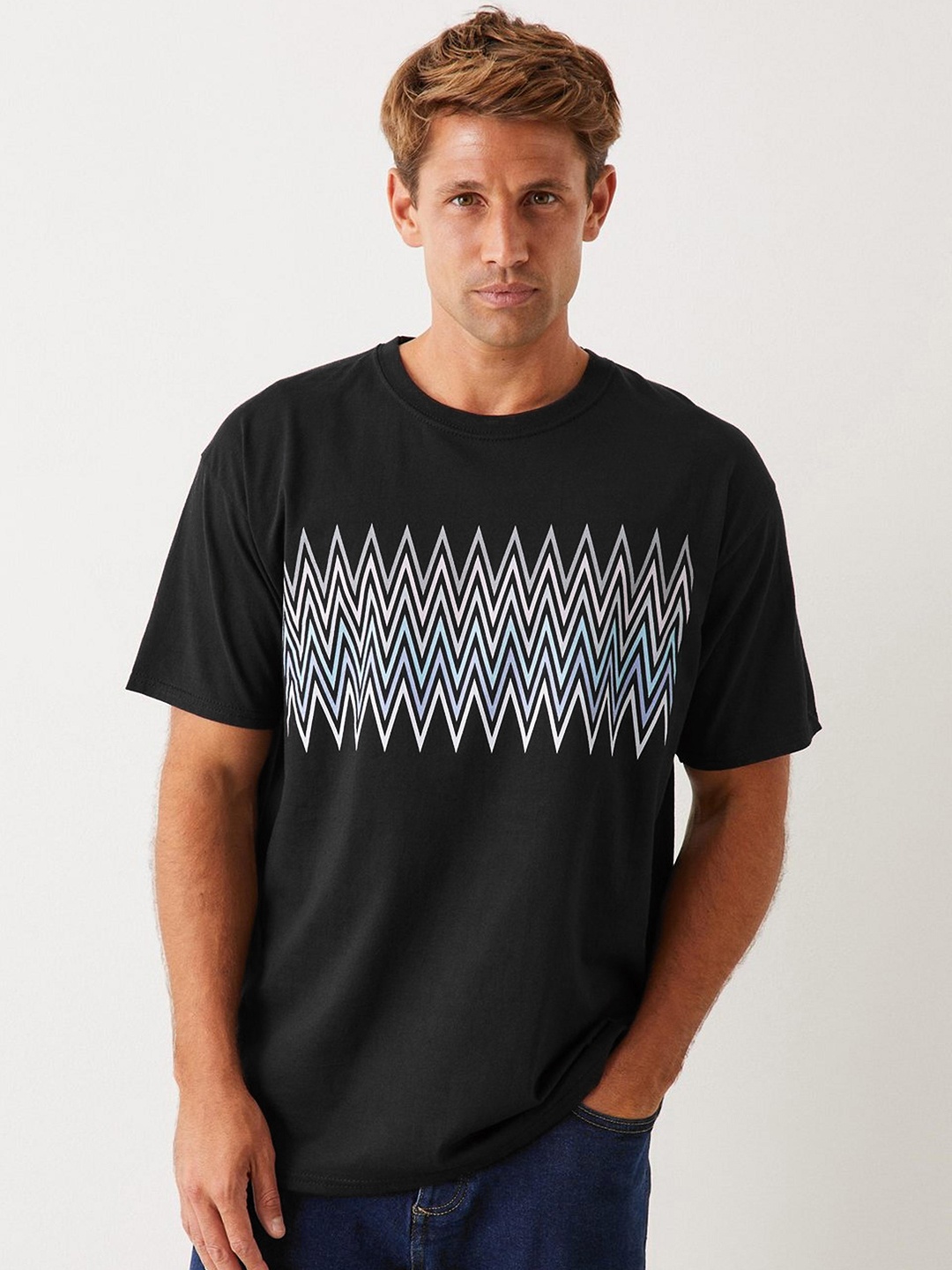 

Burton Men Multi Zig Zag Printed Pure Cotton T-shirt, Charcoal