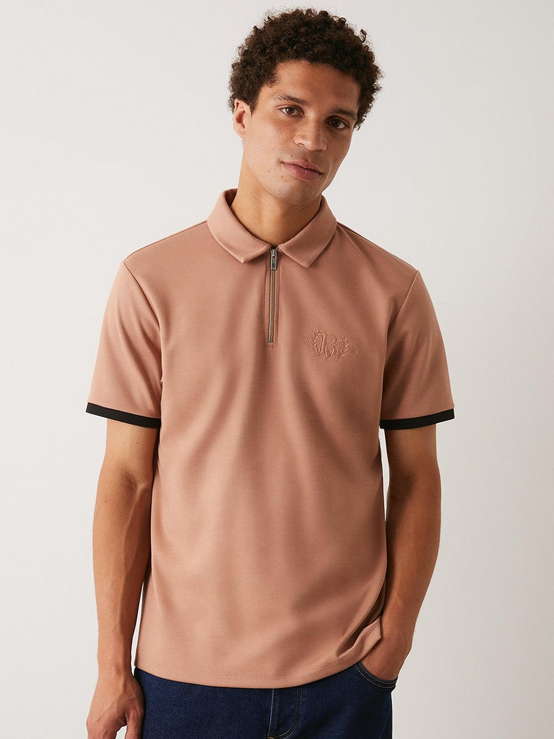 

Burton Men Embroidered Zip-Neck Polo Collar T-shirt, Nude