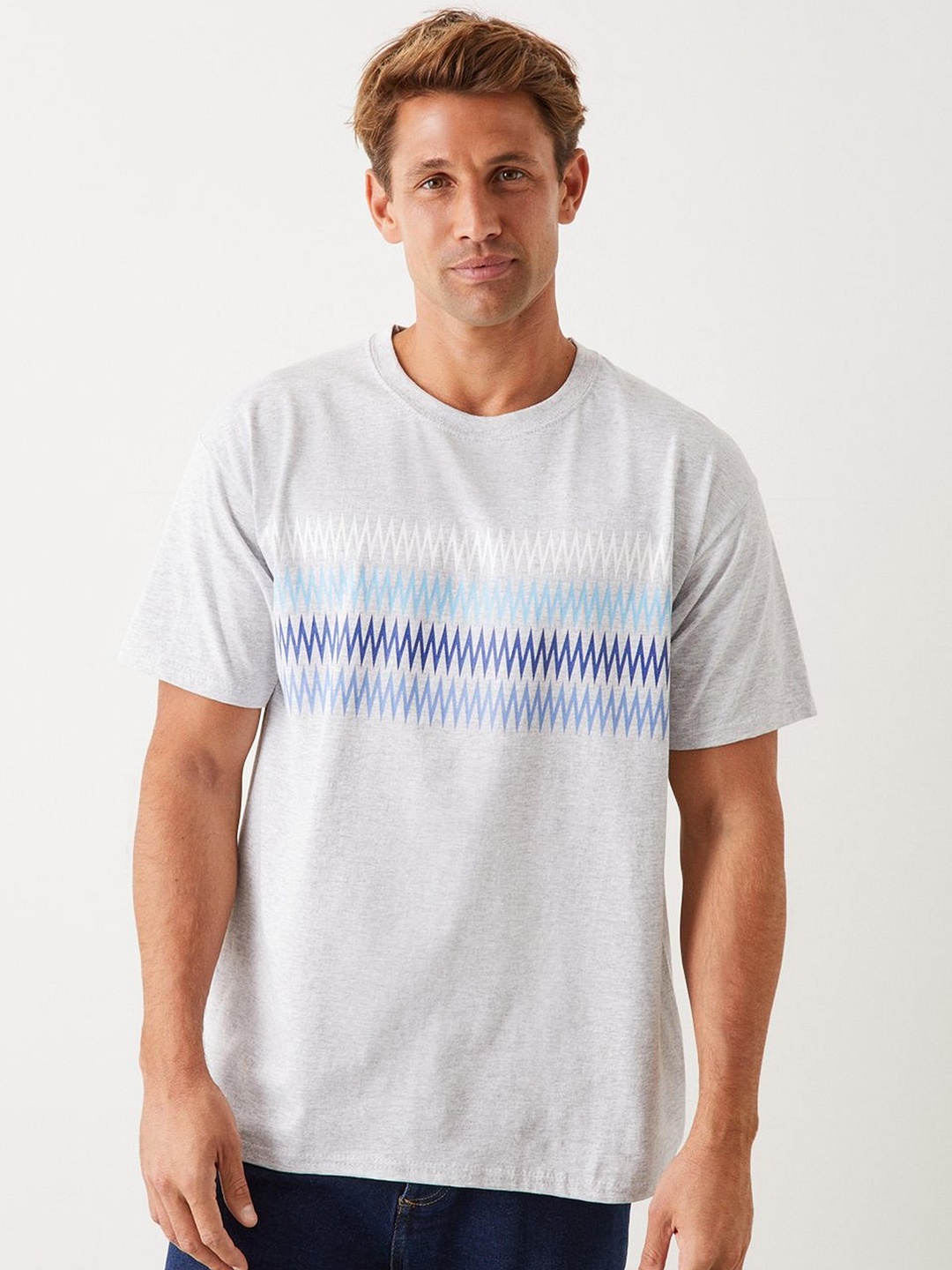 

Burton Men Multi Zig Zag Printed Pure Cotton T-shirt, Grey melange