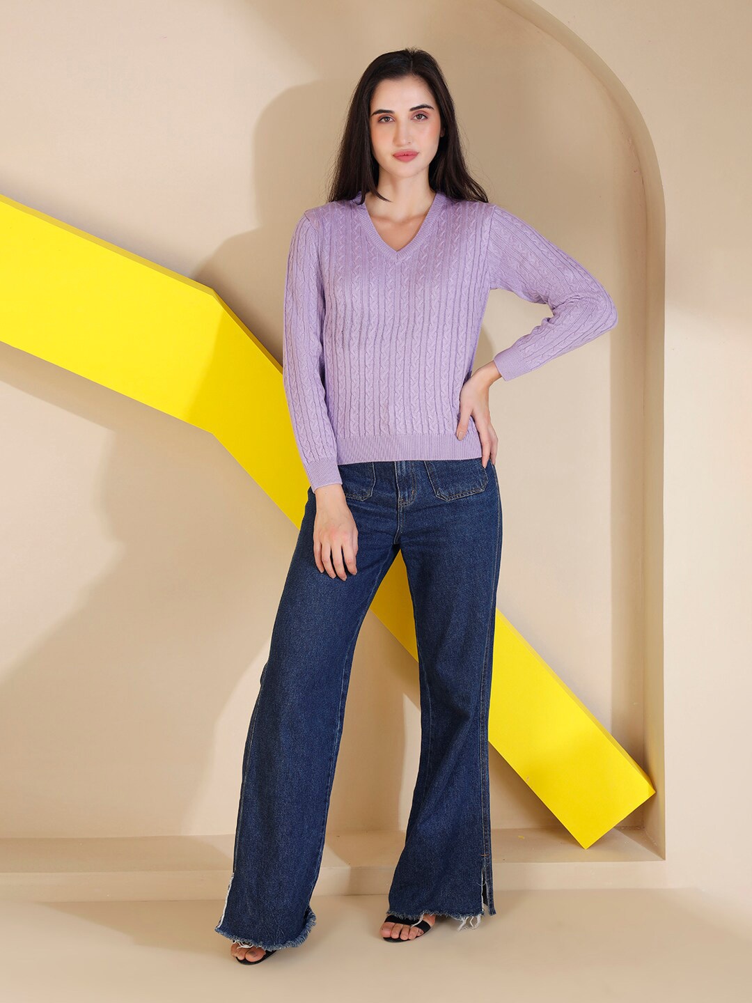 

Chemistry Cable Knit V-Neck Pullover Acrylic Sweater, Lavender