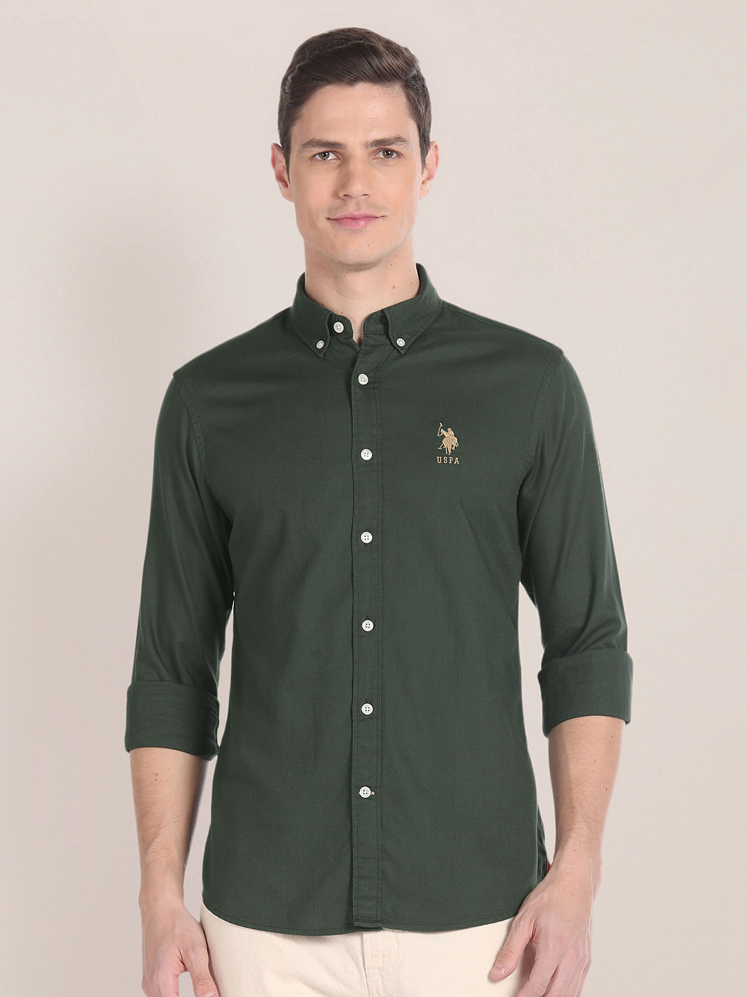 

U.S. Polo Assn. Regular Fit Pure Cotton Casual Shirt, Green