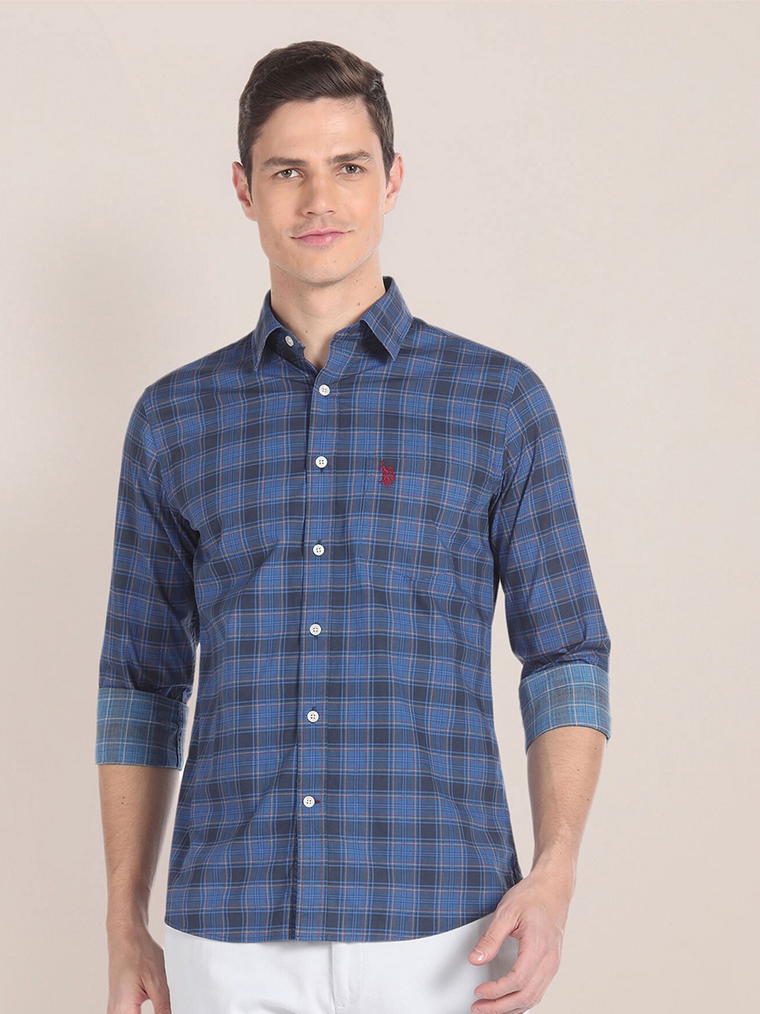 

U.S. Polo Assn. Windowpane Checks Spread Collar Pure Cotton Casual Shirt, Blue