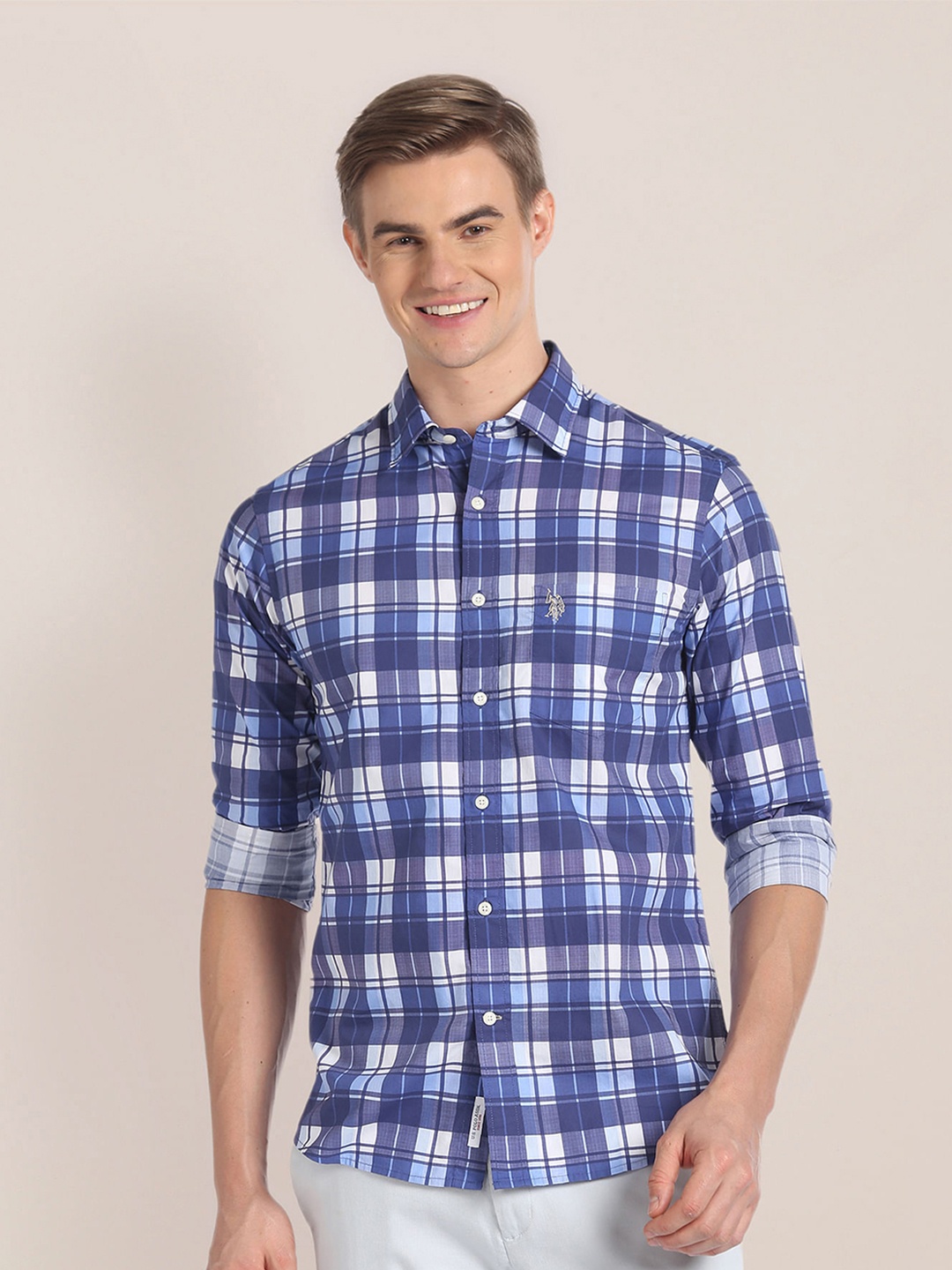 

U.S. Polo Assn. Tailored Fit Tartan Checks Spread Collar Casual Shirt, Blue