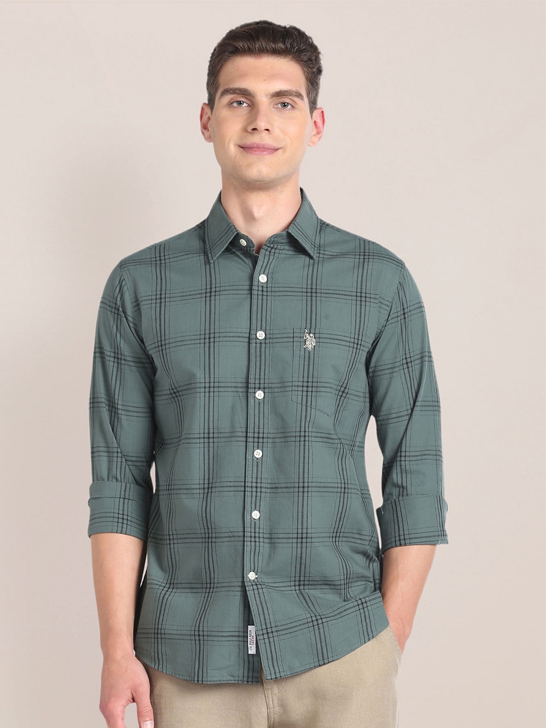 

U.S. Polo Assn. Windowpane Checks Spread Collar Pure Cotton Casual Shirt, Green