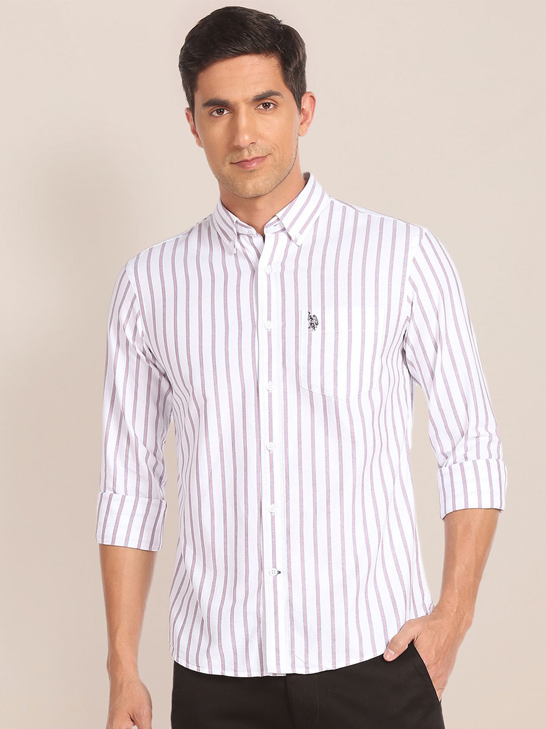 

U.S. Polo Assn. Vertical Striped Button-Down Collar Casual Shirt, White