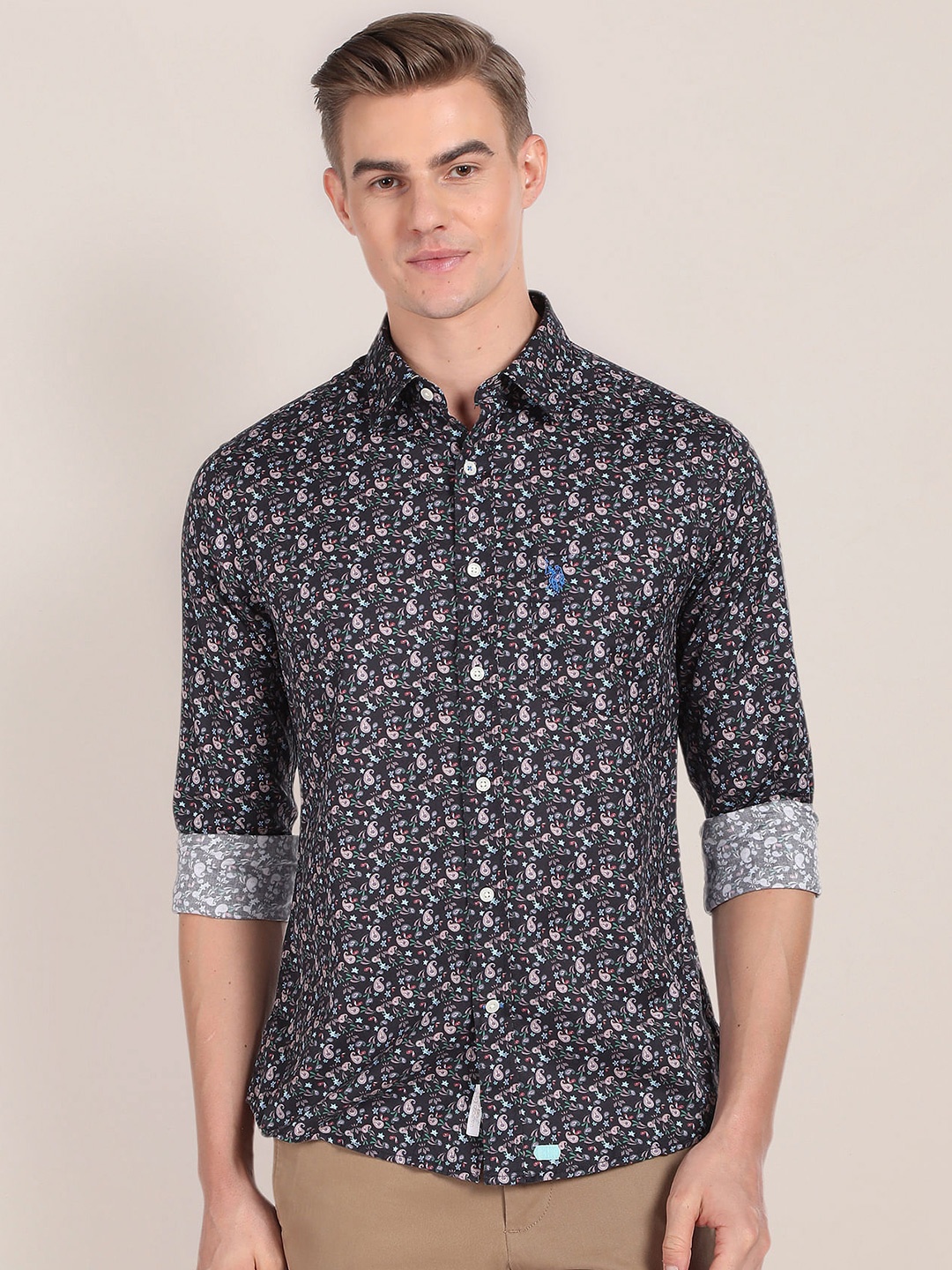 

U.S. Polo Assn. Paisley Printed Spread Collar Pure Cotton Casual Shirt, Black