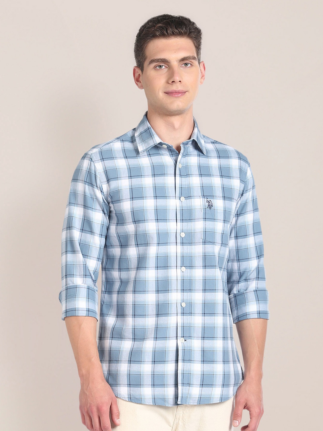 

U.S. Polo Assn. Checked Spread Collar Premium Cotton Casual Shirt, Blue