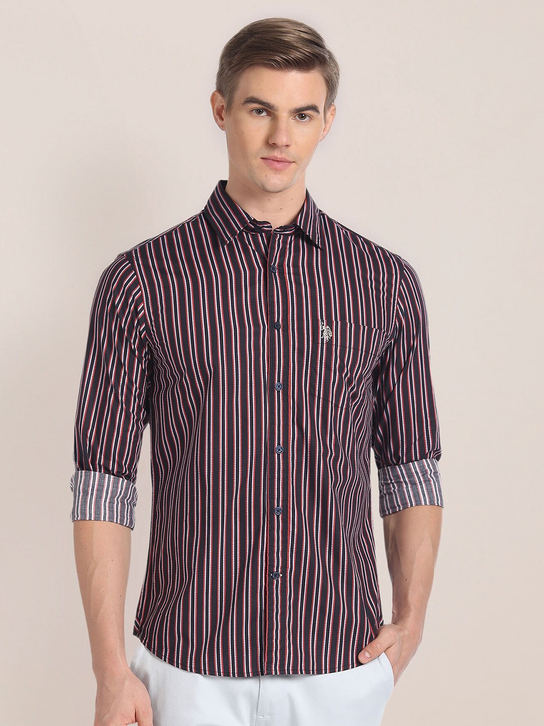 

U.S. Polo Assn. Slim Fit Vertical Striped Cutaway Collar Casual Shirt, Black
