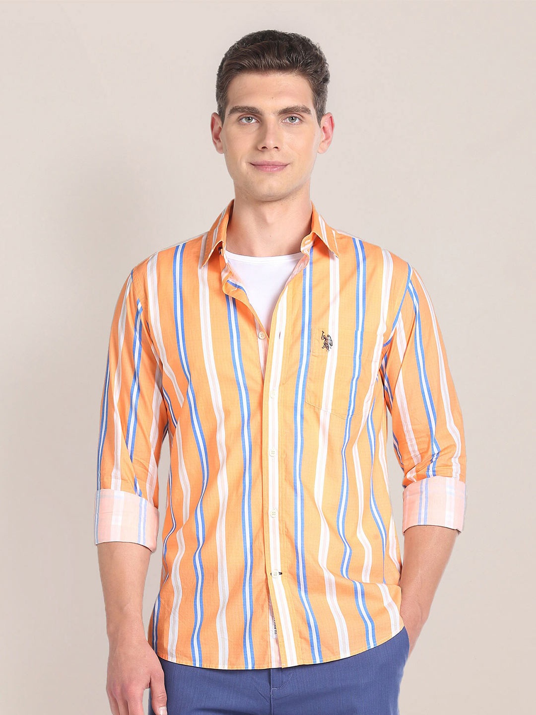 

U.S. Polo Assn. Vertical Striped Pure Cotton Casual Shirt, Orange