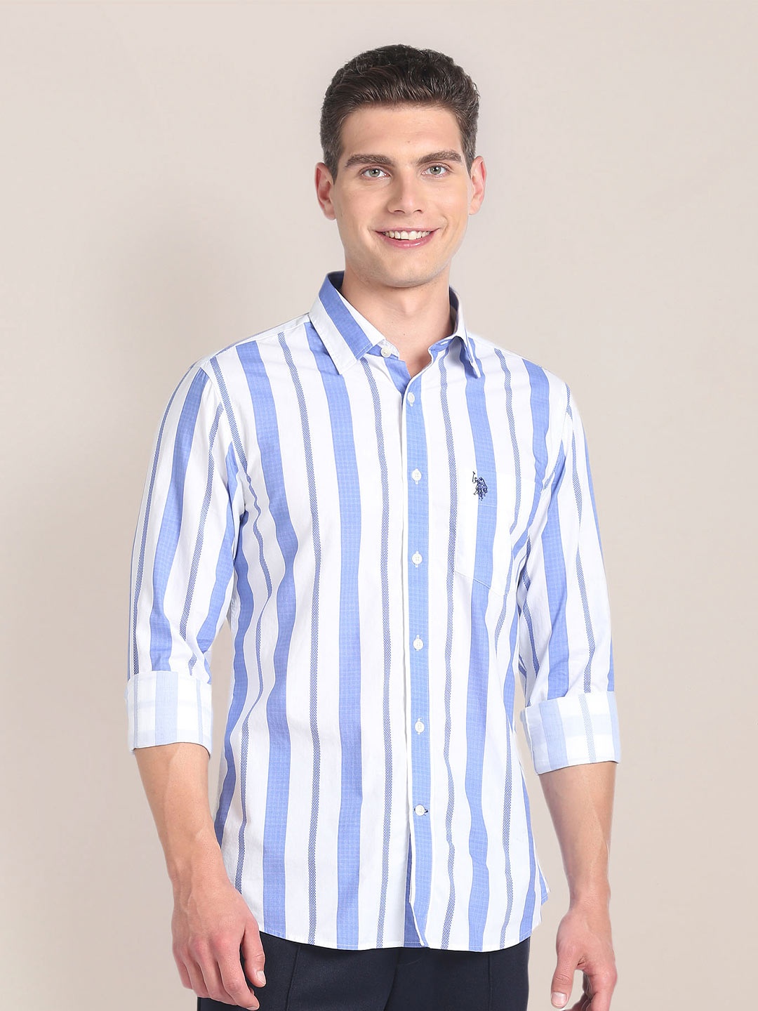 

U.S. Polo Assn. Vertical Striped Spread Collar Pure Cotton Casual Shirt, Blue