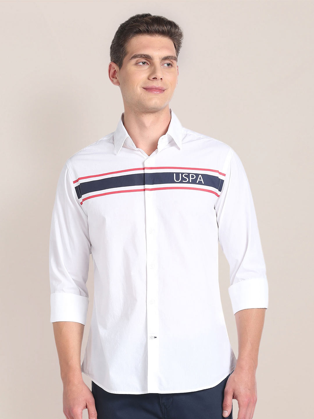 

U.S. Polo Assn. Horizontal Striped Cutaway Collar Pure Cotton Casual Shirt, White