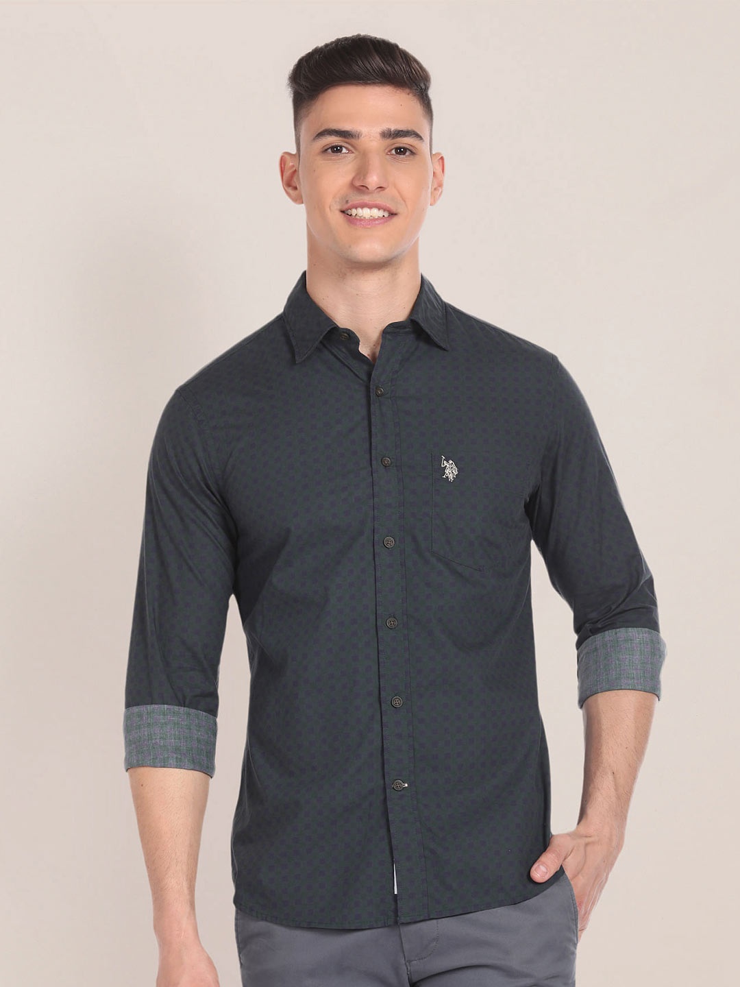 

U.S. Polo Assn. Micro Checked Spread Collar Casual Shirt, Green