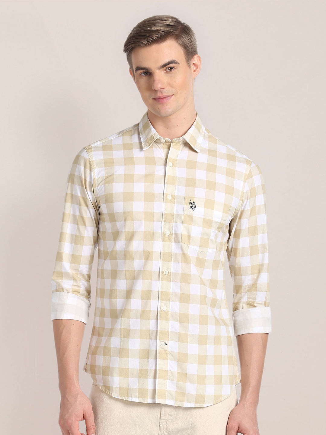 

U.S. Polo Assn. Checked Cutaway Collar Classic Casual Shirt, Beige