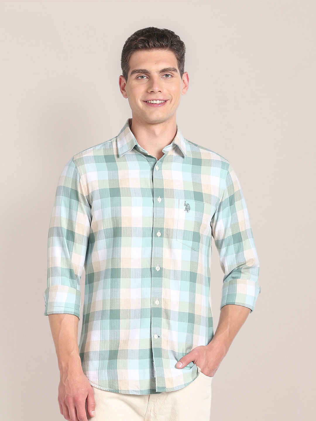 

U.S. Polo Assn. Buffalo Checked Spread Collar Premium Cotton Casual Shirt, Green