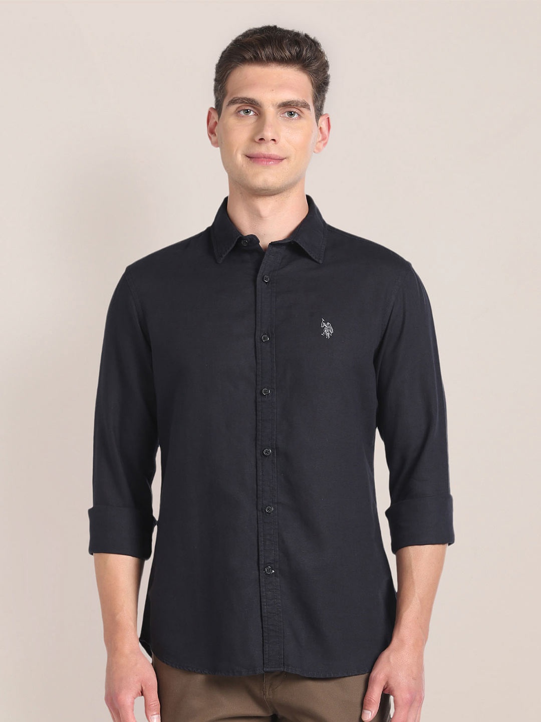

U.S. Polo Assn. Tailored Fit Linen Cotton Casual Shirt, Black