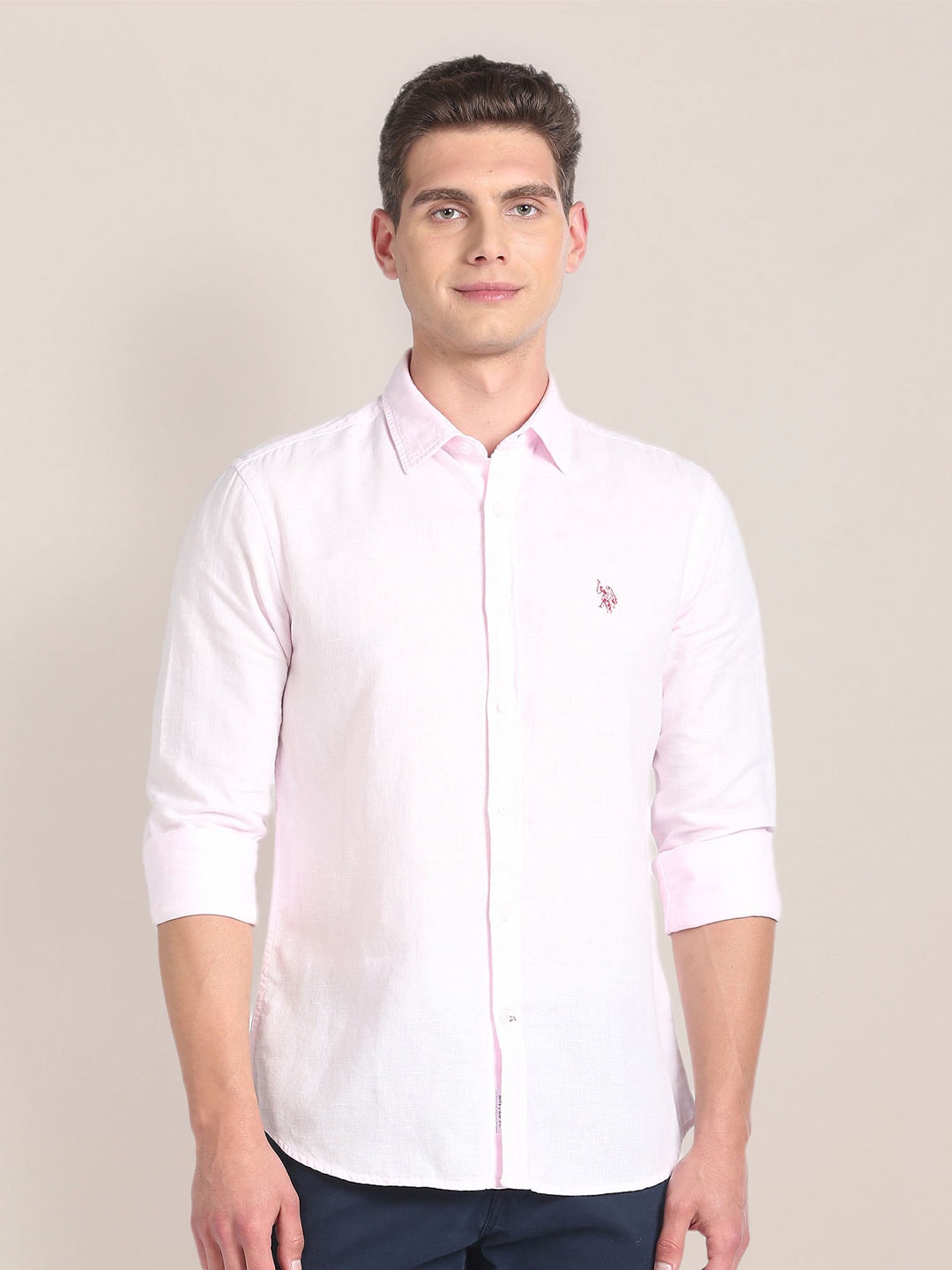 

U.S. Polo Assn.Spread Collar Tailored Fit Casual Cotton Linen Shirt, Pink