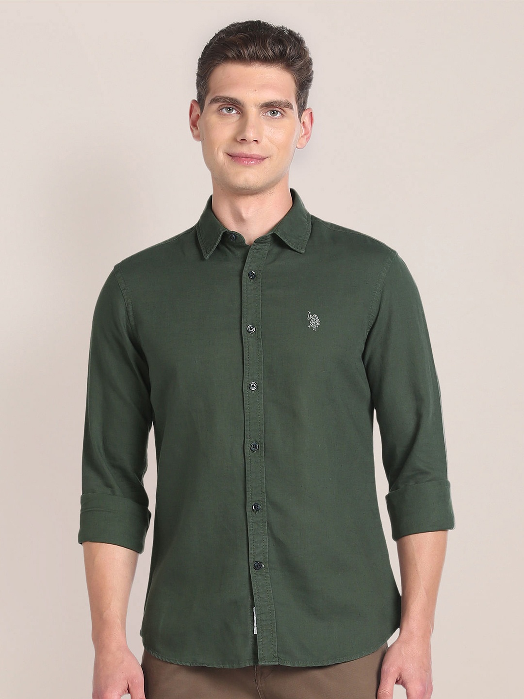 

U.S. Polo Assn. Tailored Fit Cotton Linen Casual Shirt, Green