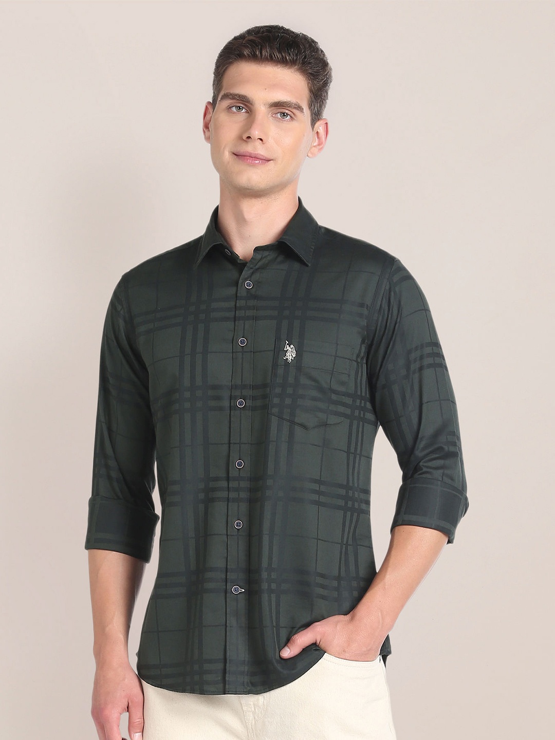 

U.S. Polo Assn. Tartan Checked Cutaway Collar Pure Cotton Casual Shirt, Green