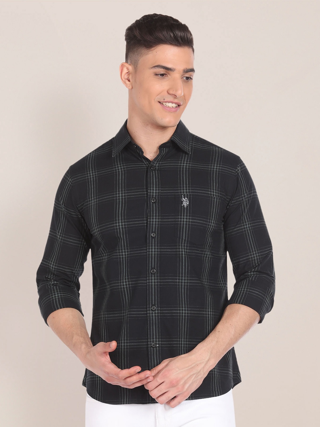 

U.S. Polo Assn. Windowpane Checks Pure Cotton Casual Shirt, Black