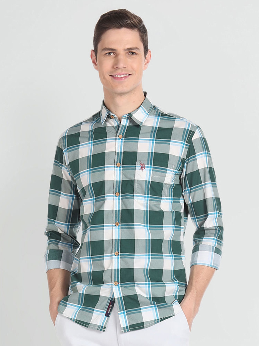 

U.S. Polo Assn. Denim Co. Tartan Checked Spread Collar Pure Cotton Casual Shirt, Green