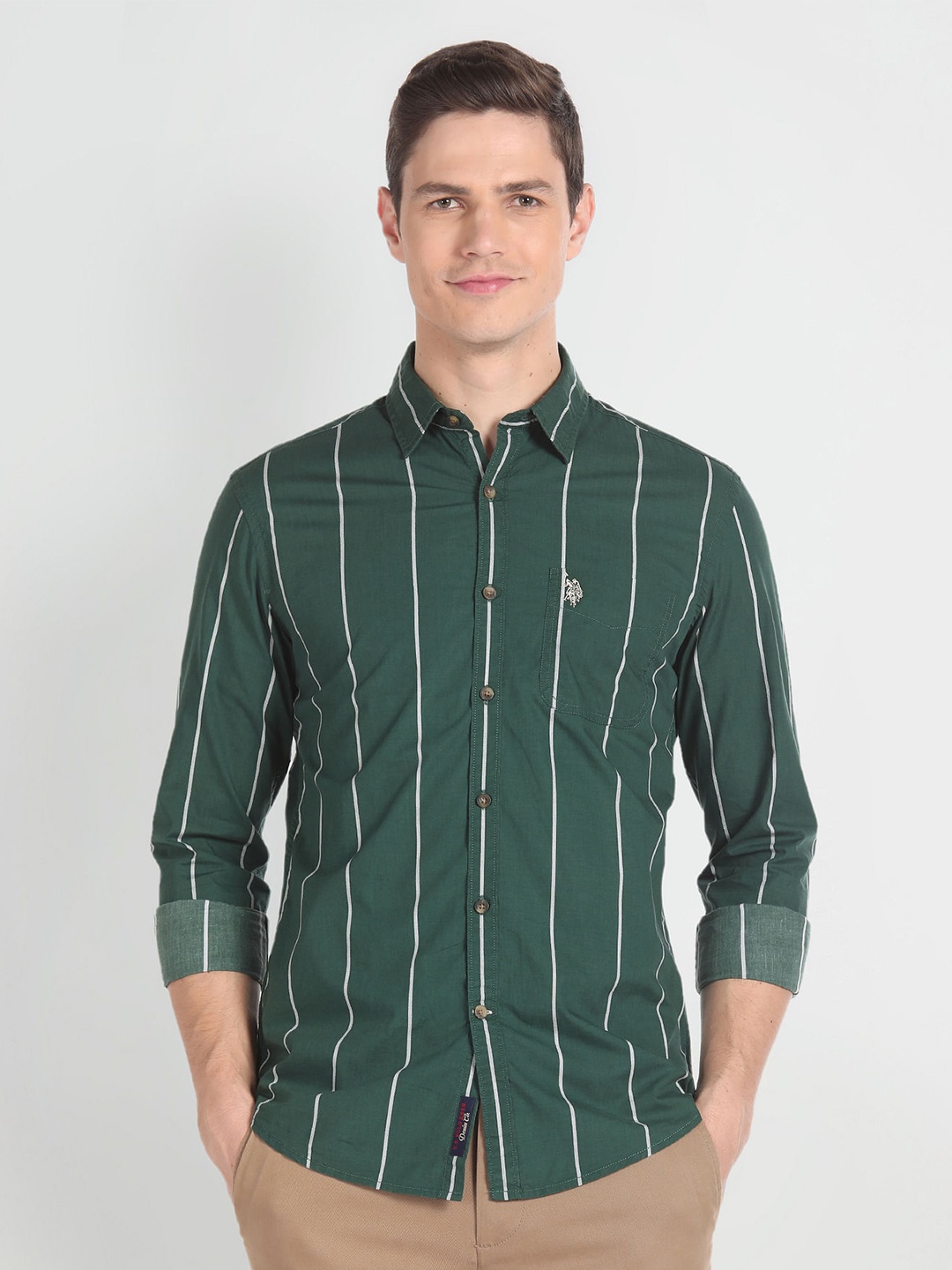

U.S. Polo Assn. Denim Co. Vertical Striped Pure Cotton Casual Shirt, Green