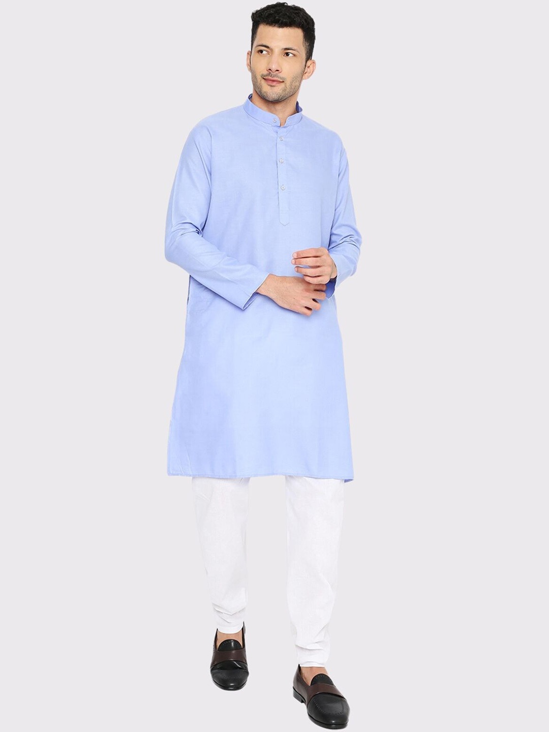 

Maharaja Band Collar A-Line Kurta with Pyjamas, Blue