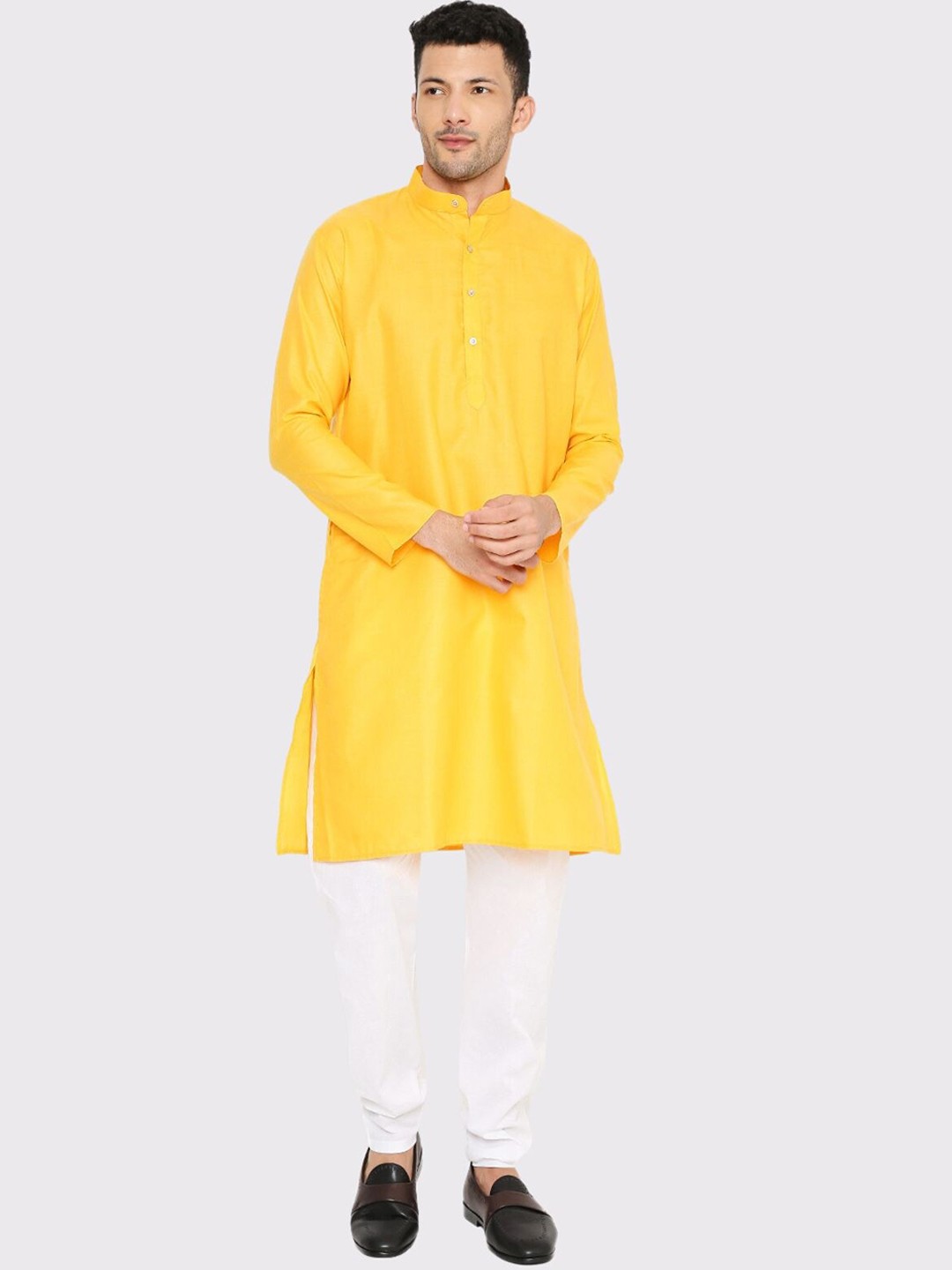 

Maharaja Band Collar Regular Kurta With Pyjamas, Yellow