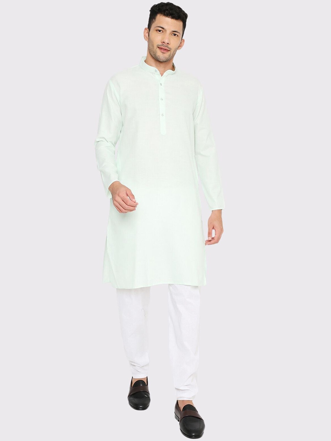 

Maharaja Band Collar Regular Kurta with Pyjamas, Lime green