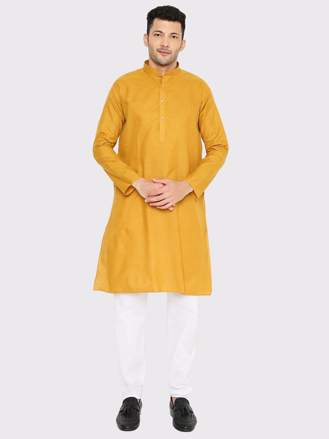 

Maharaja Band Collar A-Line Kurta with Pyjamas, Mustard