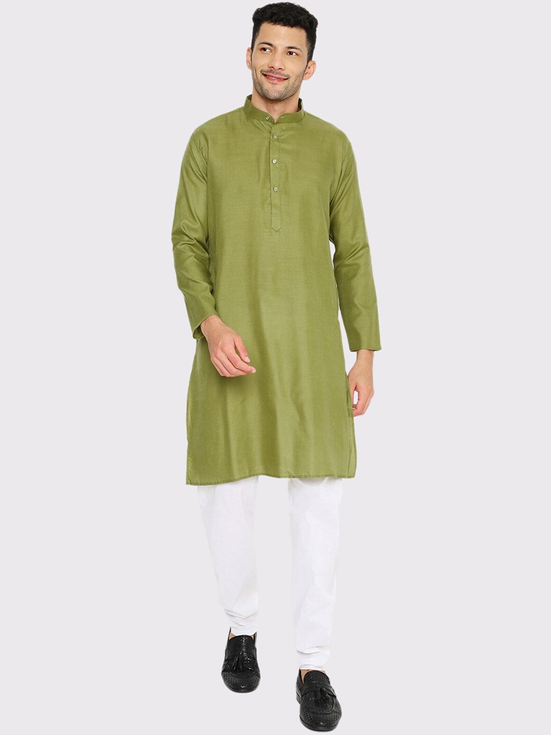 

Maharaja Band Collar Regular Kurta With Pyjamas, Olive