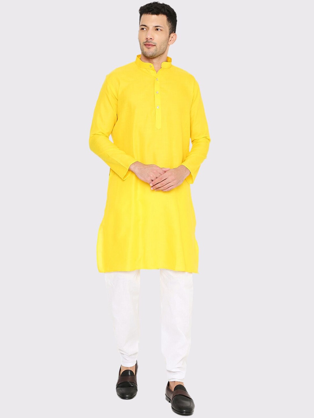 

Maharaja Mandarin Collar Regular Kurta with Pyjamas, Yellow