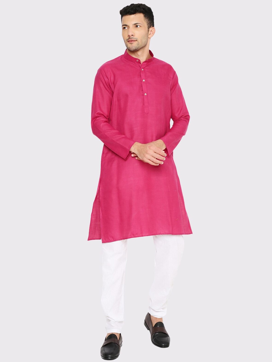 

Maharaja Band Collar A-Line Kurta with Pyjamas, Pink