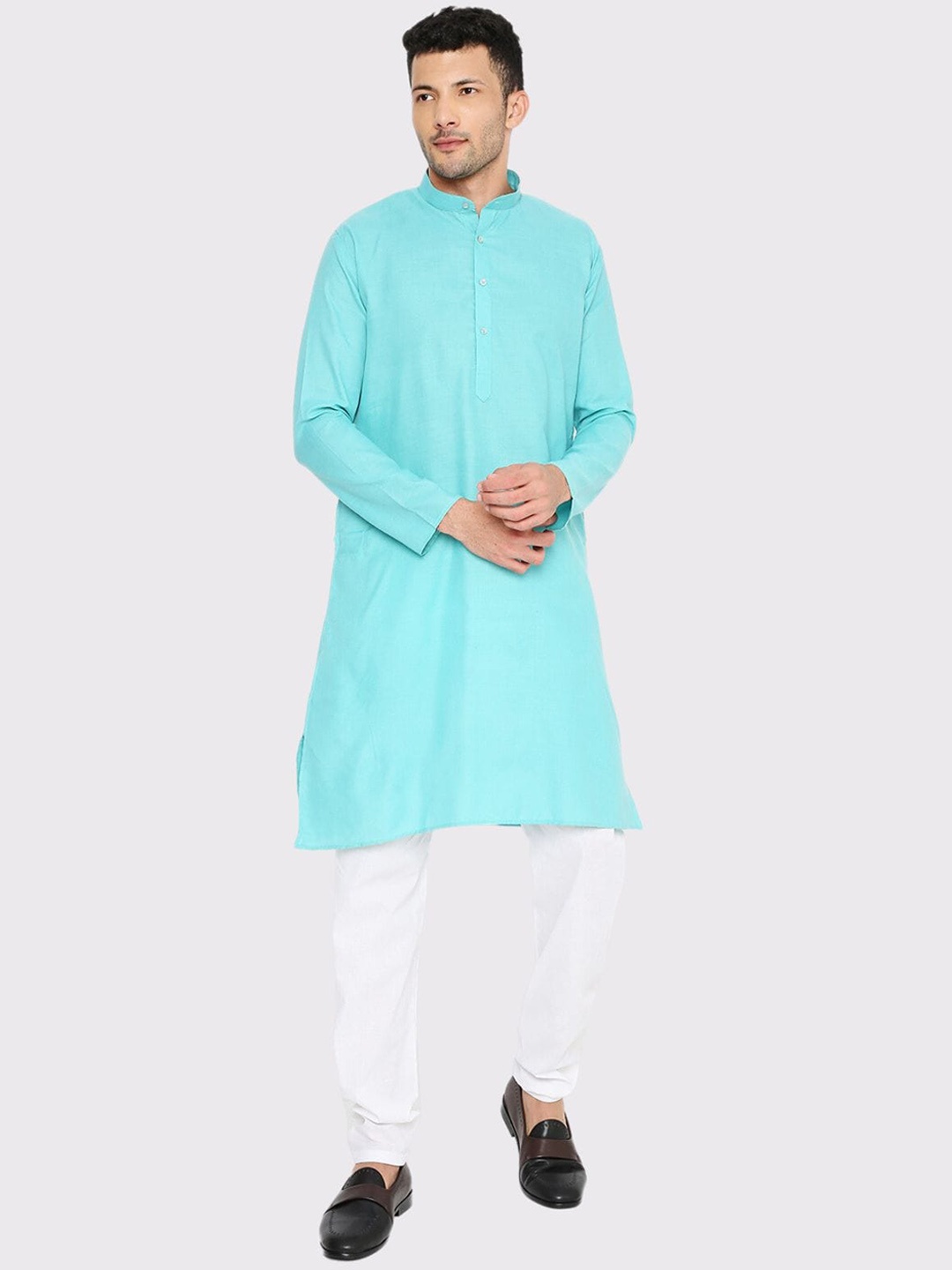 

Maharaja Mandarin Collar Straight Kurta with Pyjamas, Turquoise blue