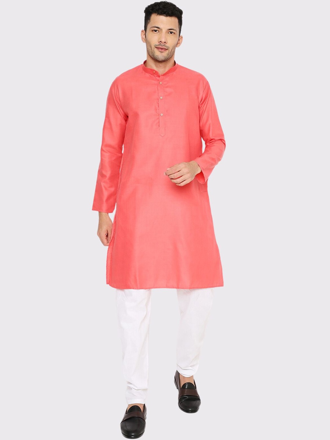 Maharaja Mandarin Collar Straight Kurta with Pyjamas, Coral