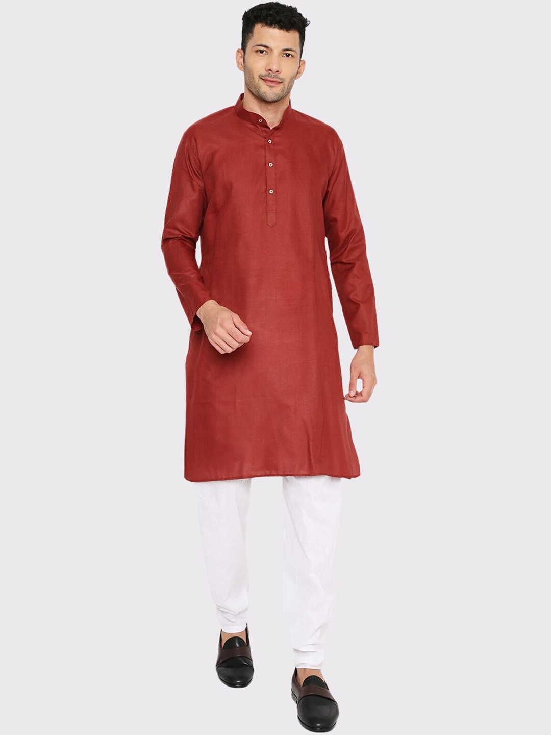 

Maharaja Band Collar Regular Kurta with Pyjamas, Maroon