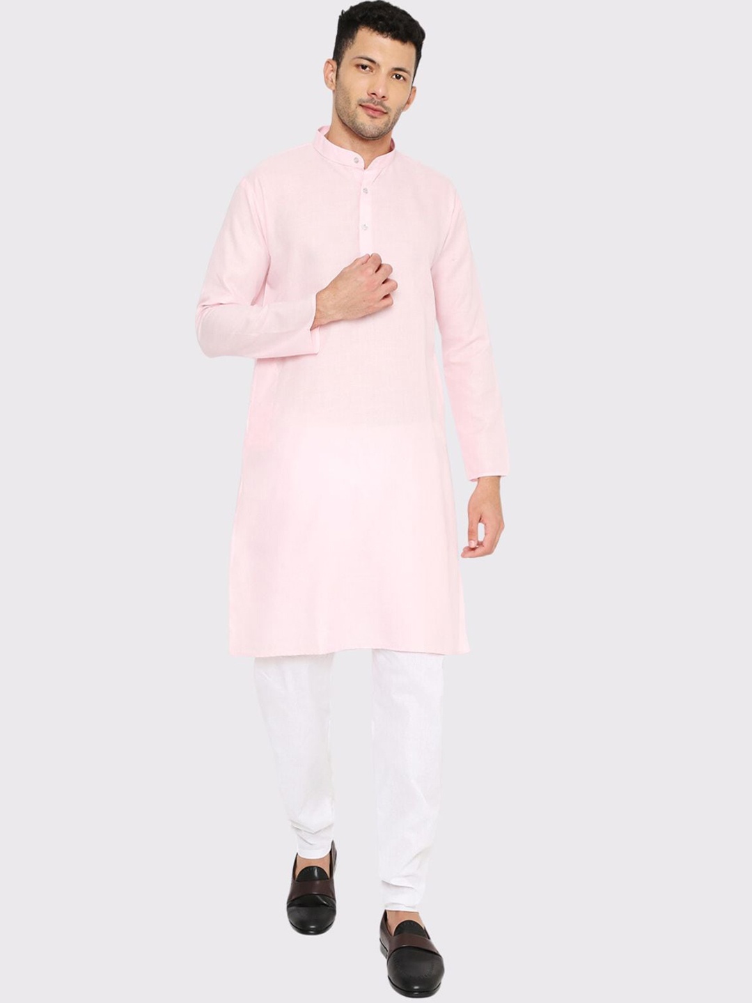 

Maharaja Band Collar Regular Kurta with Pyjamas, Pink