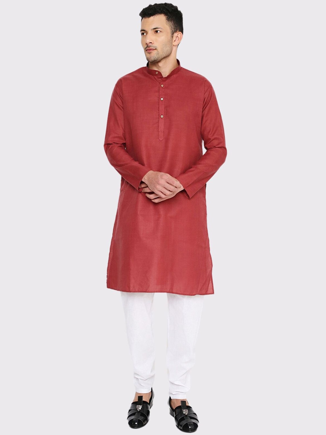 

Maharaja Band Collar Kurta With Trousers, Maroon