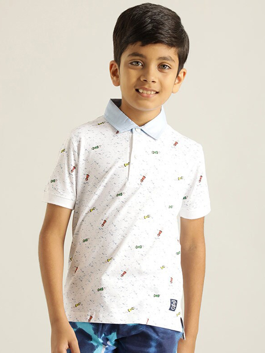 

Indian Terrain Boys Conversational Printed Polo Collar Pure Cotton T-shirt, White