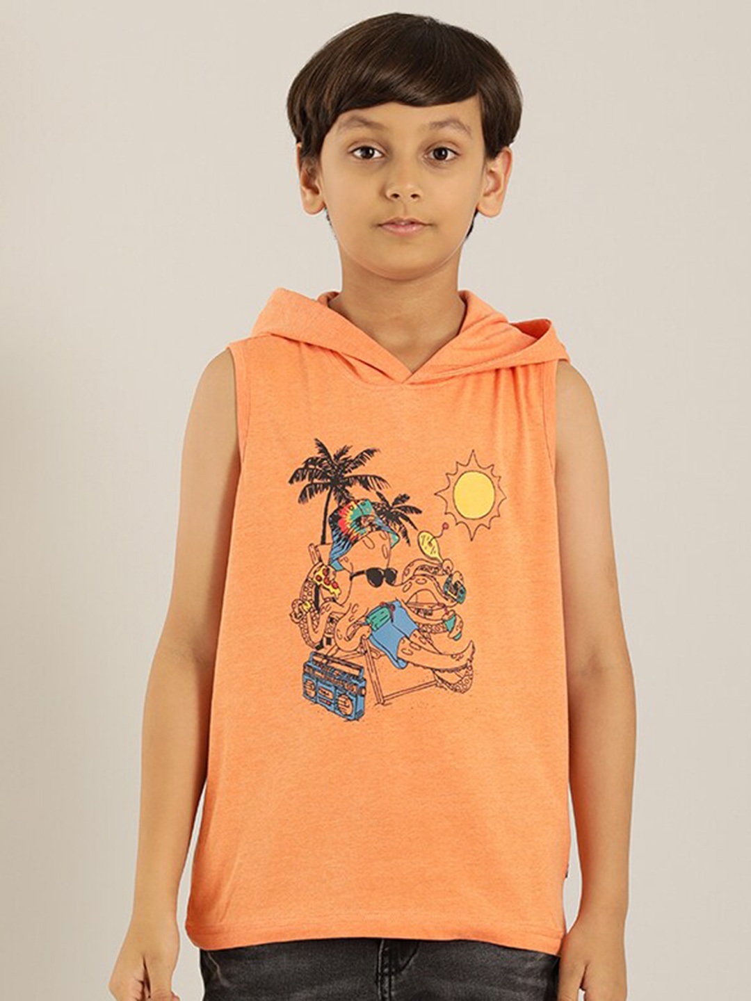 

Indian Terrain Boys Graphic Printed Hooded Sleeveless T-Shirt, Peach
